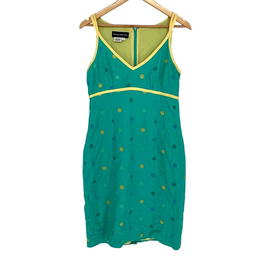 Donna Morgan Polka Dot Linen Dress Teal & Yellow Trim Sleeveless Sheath Size 8
